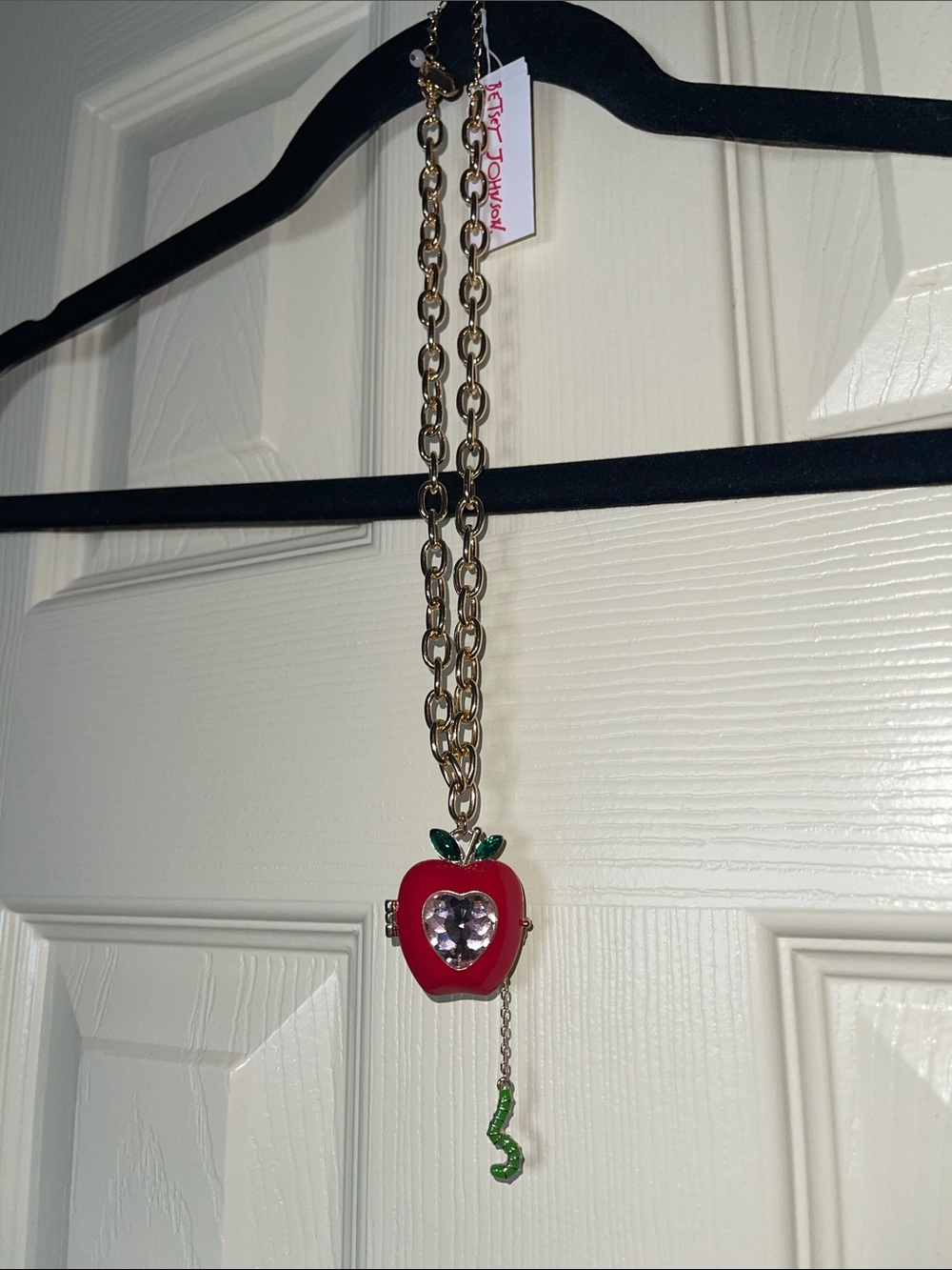 Betsey Johnson Red Apple Pendant Necklace with Green Accents